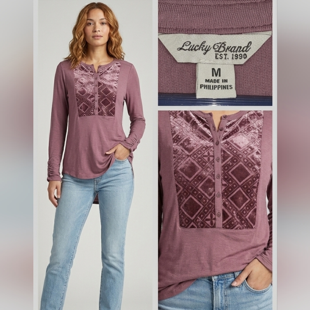 🛍 5/$25🛍Lucky Brand Long Sleeve Henley with Velvet Front Panel - Dusty Rose